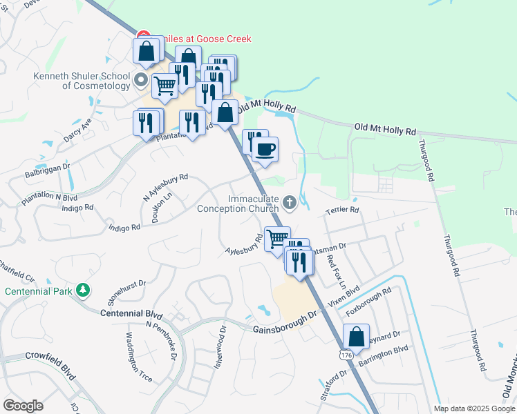 map of restaurants, bars, coffee shops, grocery stores, and more near 117 Aylesbury Road in Goose Creek