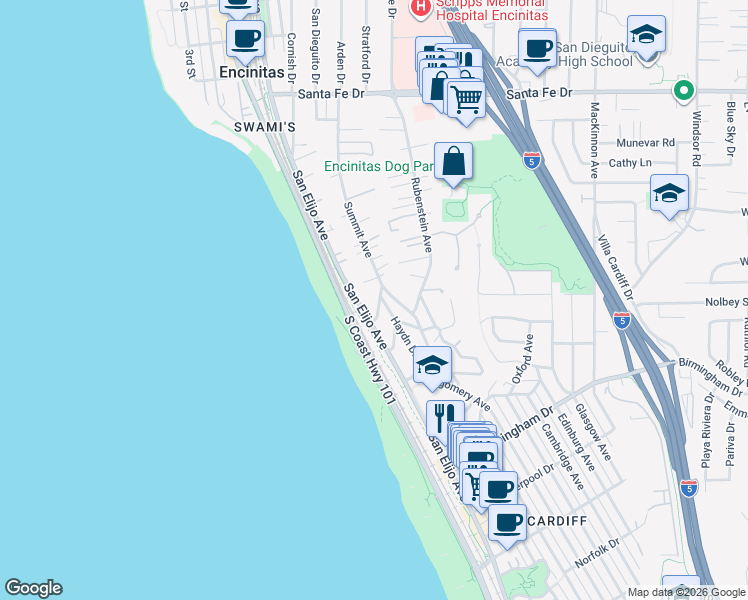 map of restaurants, bars, coffee shops, grocery stores, and more near 132 Verdi Avenue in Encinitas