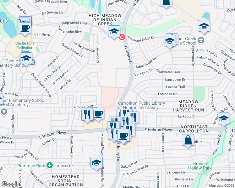 map of restaurants, bars, coffee shops, grocery stores, and more near 4343 North Josey Lane in Carrollton