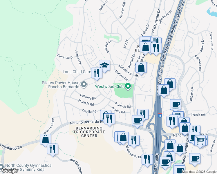 map of restaurants, bars, coffee shops, grocery stores, and more near 17325 Caminito Masada in San Diego