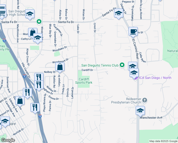 map of restaurants, bars, coffee shops, grocery stores, and more near 1200 Cardiff Drive in Encinitas