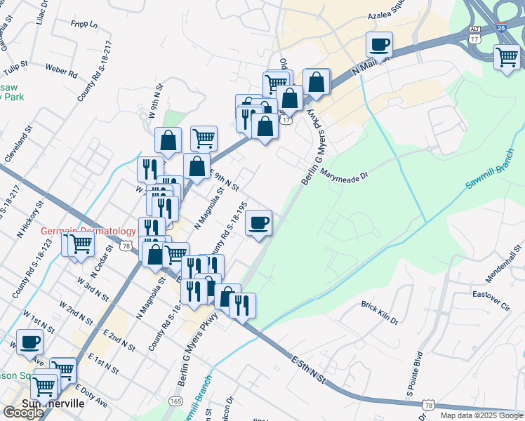 map of restaurants, bars, coffee shops, grocery stores, and more near 1005 North Gum Street in Summerville