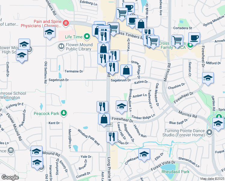map of restaurants, bars, coffee shops, grocery stores, and more near 2640 Surrey Woods Road in Flower Mound