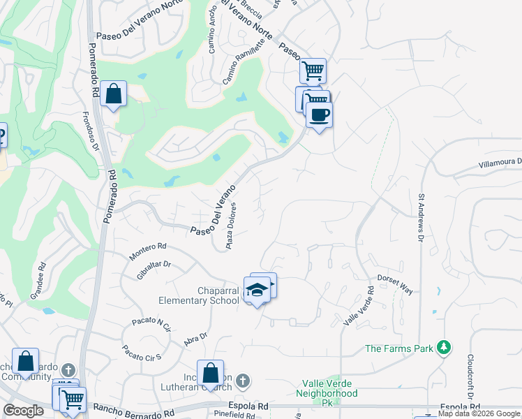 map of restaurants, bars, coffee shops, grocery stores, and more near 12984 Lomas Verdes Drive in Poway