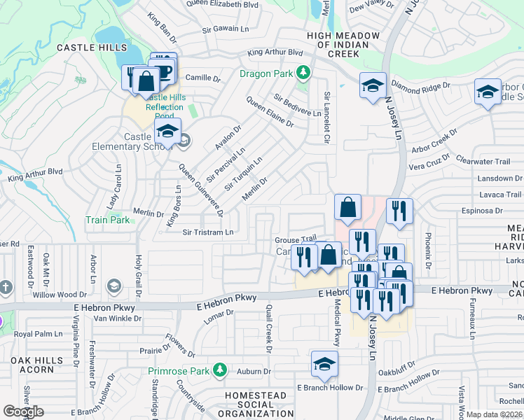 map of restaurants, bars, coffee shops, grocery stores, and more near 1724 Snow Owl Court in Carrollton