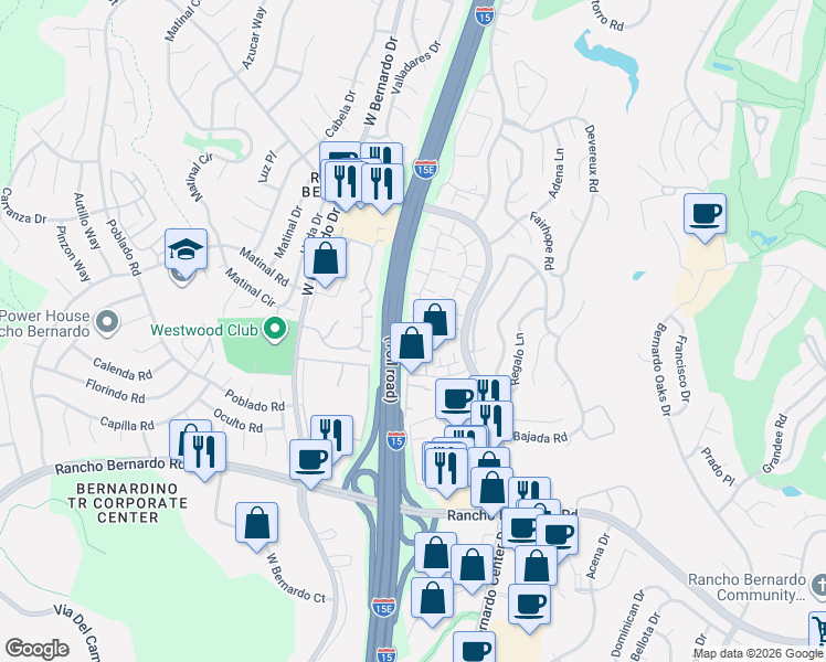 map of restaurants, bars, coffee shops, grocery stores, and more near 17428 Ashburton Road in San Diego