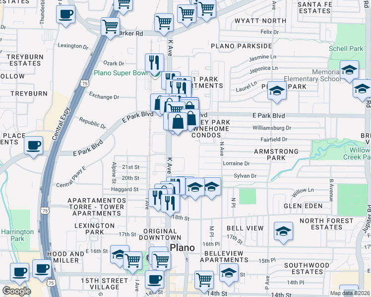 map of restaurants, bars, coffee shops, grocery stores, and more near 2200 K Avenue in Plano