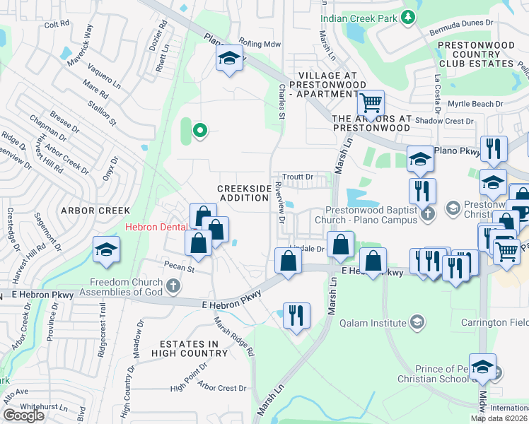 map of restaurants, bars, coffee shops, grocery stores, and more near 2656 Creekway Dr in Carrollton
