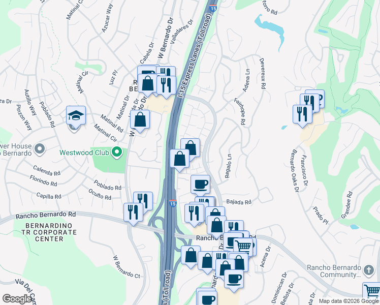 map of restaurants, bars, coffee shops, grocery stores, and more near 11875 Timaru Way in San Diego