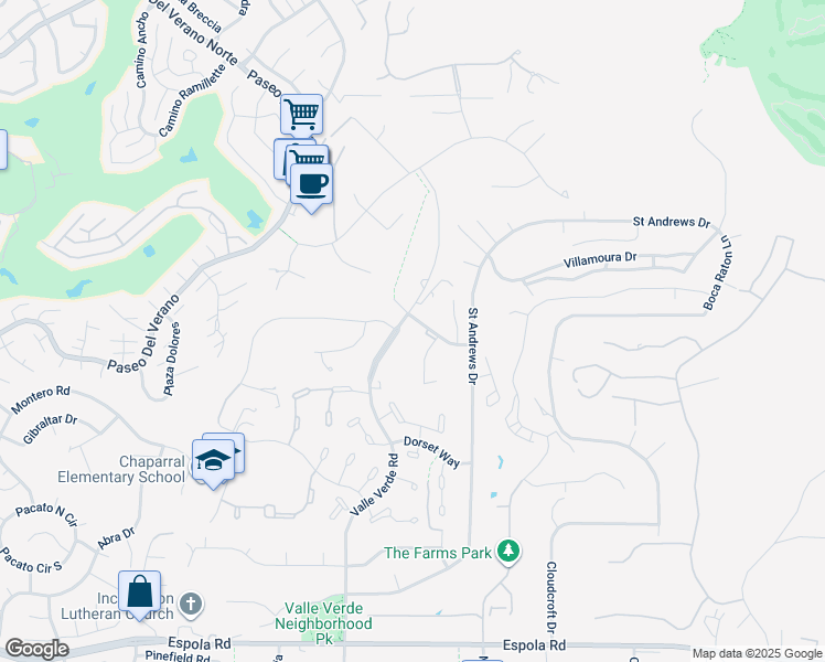 map of restaurants, bars, coffee shops, grocery stores, and more near 17601 Valle Verde Road in Poway