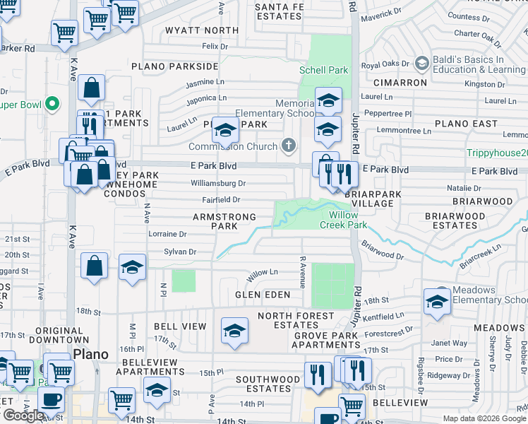 map of restaurants, bars, coffee shops, grocery stores, and more near 1920 Armstrong Drive in Plano