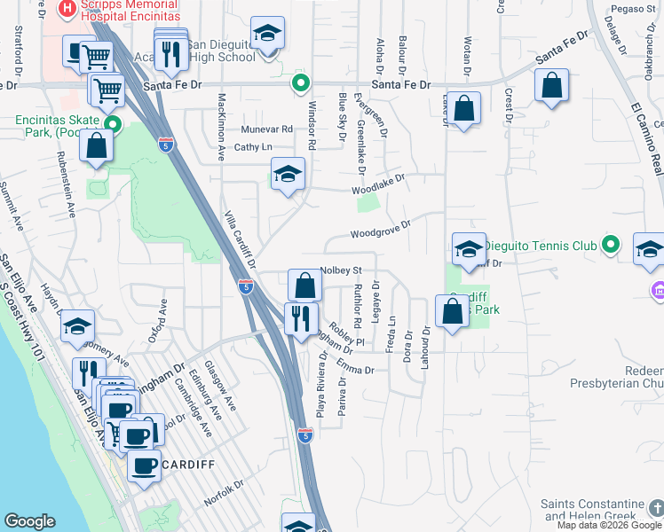 map of restaurants, bars, coffee shops, grocery stores, and more near 926 Nolbey Street in Encinitas