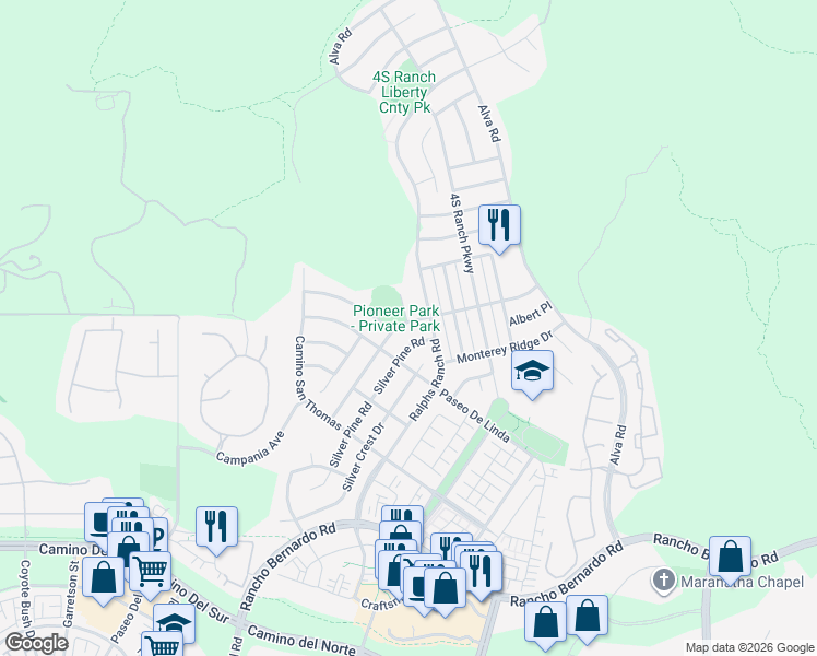 map of restaurants, bars, coffee shops, grocery stores, and more near 17135 Albert Avenue in San Diego