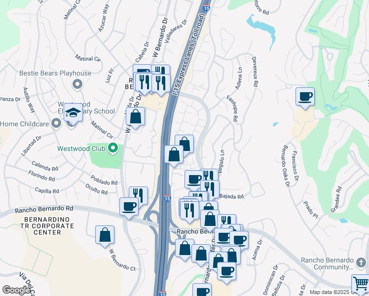 map of restaurants, bars, coffee shops, grocery stores, and more near 11875 Timaru Way in San Diego