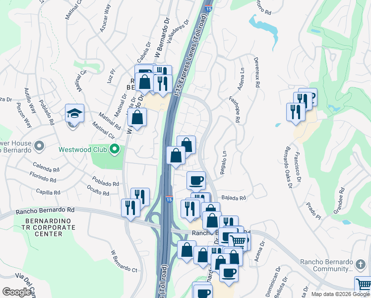 map of restaurants, bars, coffee shops, grocery stores, and more near 11875 Timaru Way in San Diego
