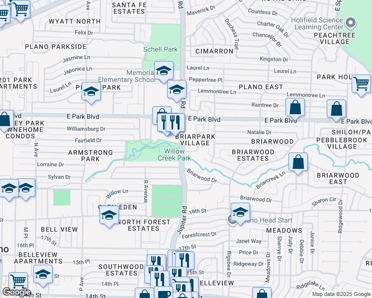 map of restaurants, bars, coffee shops, grocery stores, and more near 2400 Jupiter Road in Plano