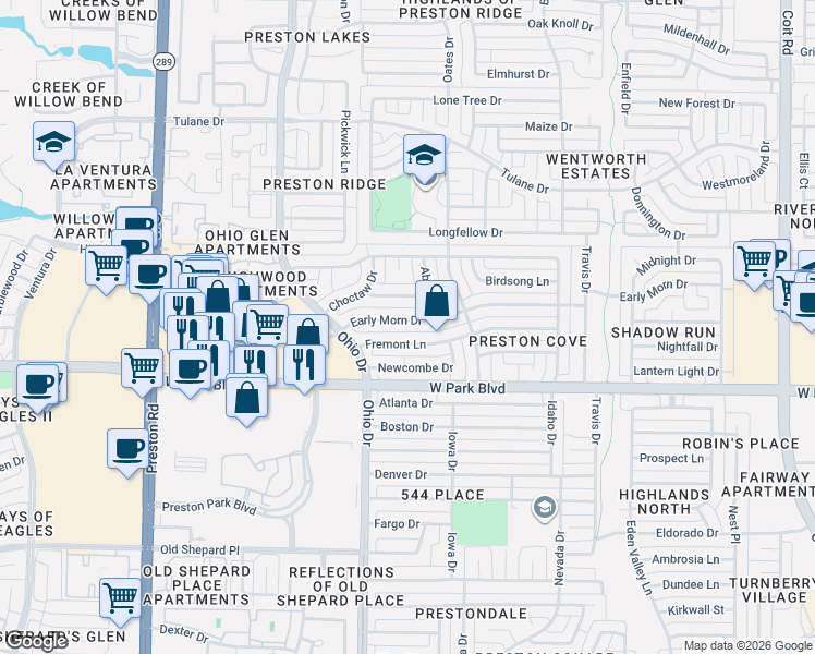 map of restaurants, bars, coffee shops, grocery stores, and more near 4533 Fremont Lane in Plano