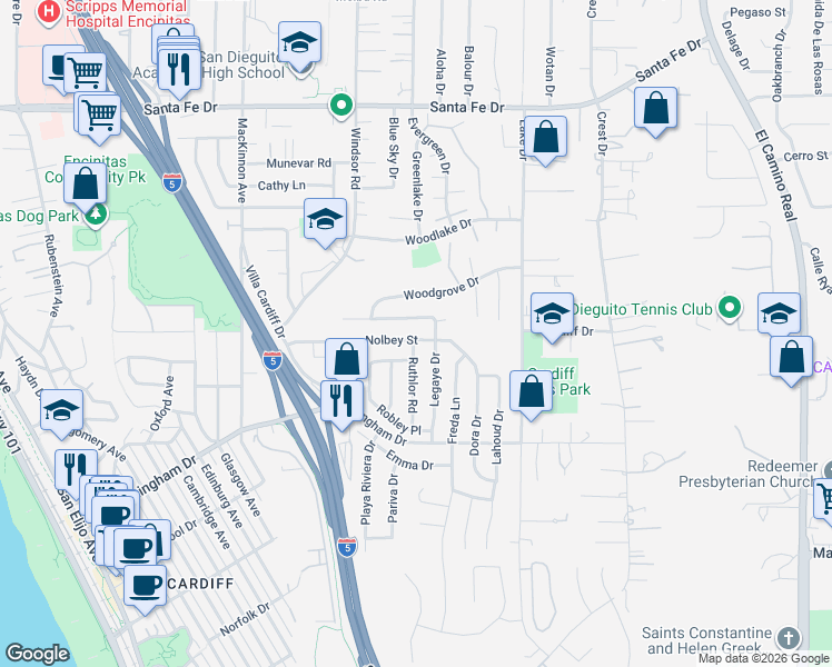map of restaurants, bars, coffee shops, grocery stores, and more near 1604 Legaye Drive in Encinitas
