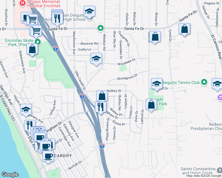 map of restaurants, bars, coffee shops, grocery stores, and more near 926 Nolbey Street in Encinitas