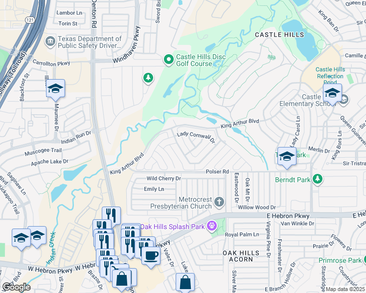 map of restaurants, bars, coffee shops, grocery stores, and more near 1121 Morgan Lefay Lane in Lewisville