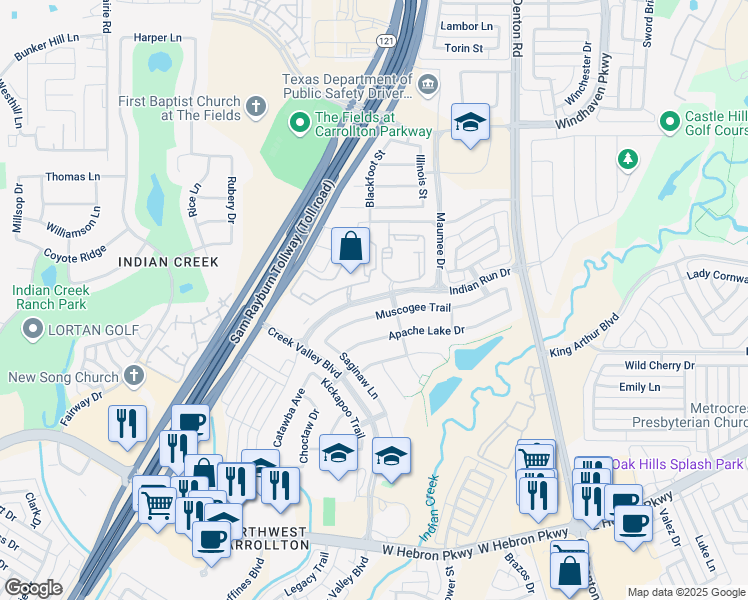 map of restaurants, bars, coffee shops, grocery stores, and more near Indian Run Drive in Carrollton