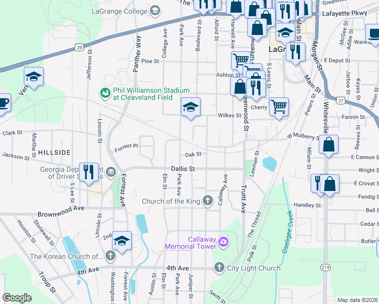 map of restaurants, bars, coffee shops, grocery stores, and more near 701 Park Avenue in LaGrange