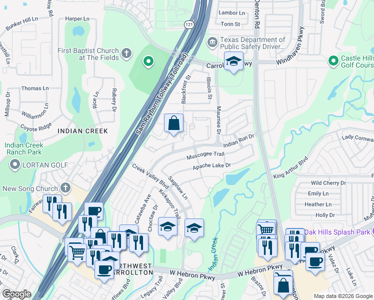 map of restaurants, bars, coffee shops, grocery stores, and more near 1162 Indian Run Drive in Carrollton