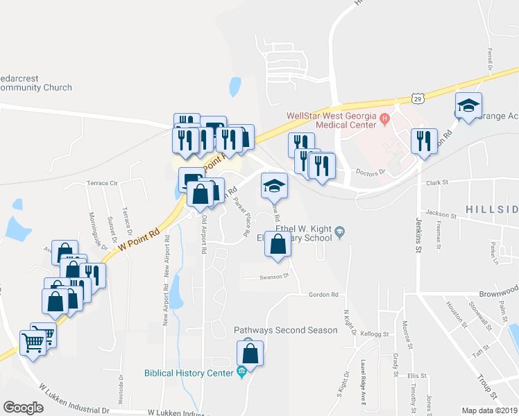 map of restaurants, bars, coffee shops, grocery stores, and more near 58 Gordon Road in LaGrange