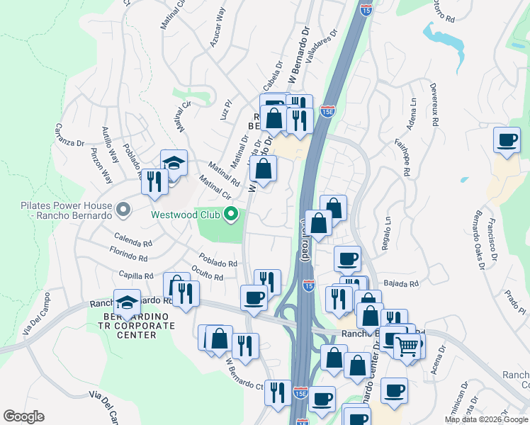 map of restaurants, bars, coffee shops, grocery stores, and more near 17307 Ruette Abeto in San Diego