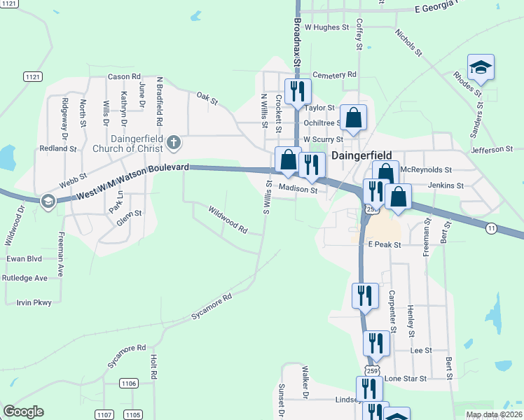 map of restaurants, bars, coffee shops, grocery stores, and more near 500 South Willis Street in Daingerfield