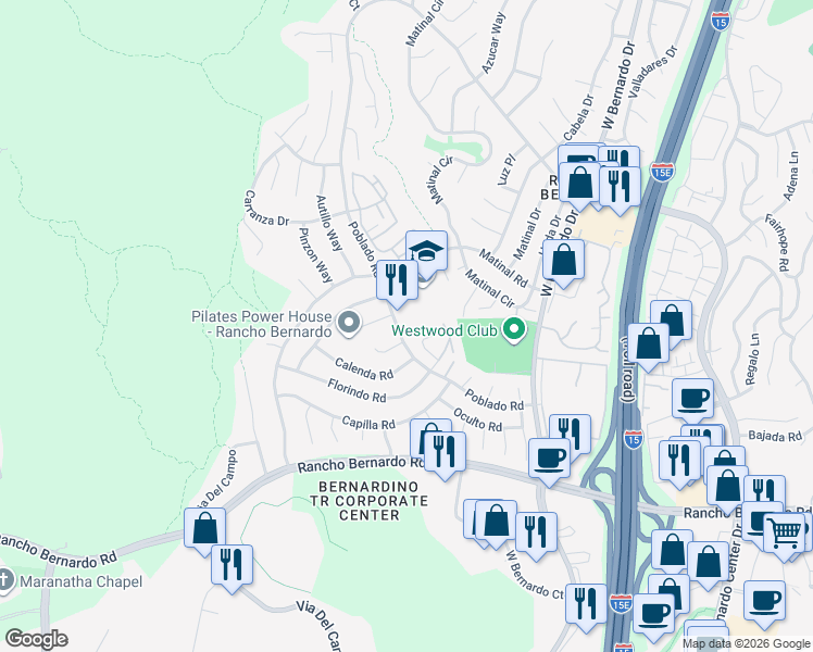 map of restaurants, bars, coffee shops, grocery stores, and more near 11272 Poblado Road in San Diego