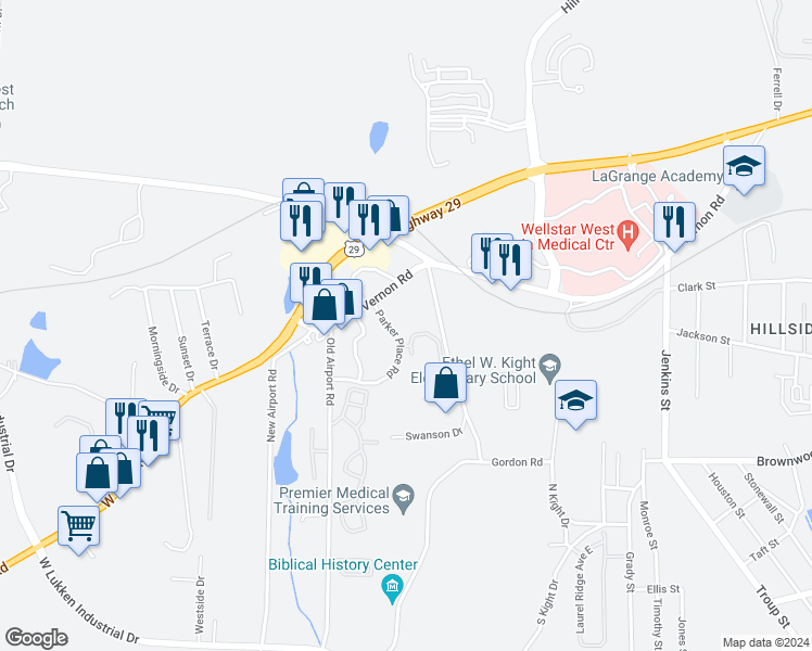 map of restaurants, bars, coffee shops, grocery stores, and more near 58 Gordon Road in LaGrange