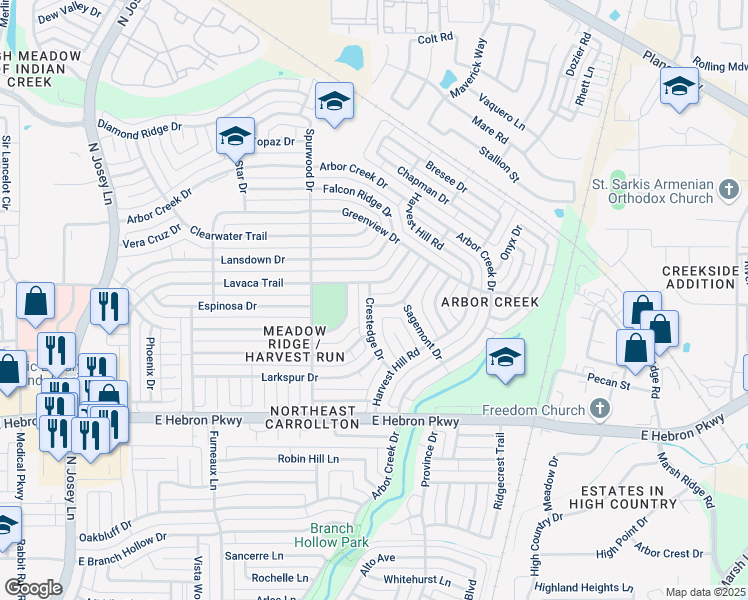 map of restaurants, bars, coffee shops, grocery stores, and more near 2102 Fawn Ridge Trail in Carrollton