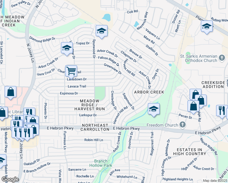 map of restaurants, bars, coffee shops, grocery stores, and more near 2102 Fawn Ridge Trail in Carrollton