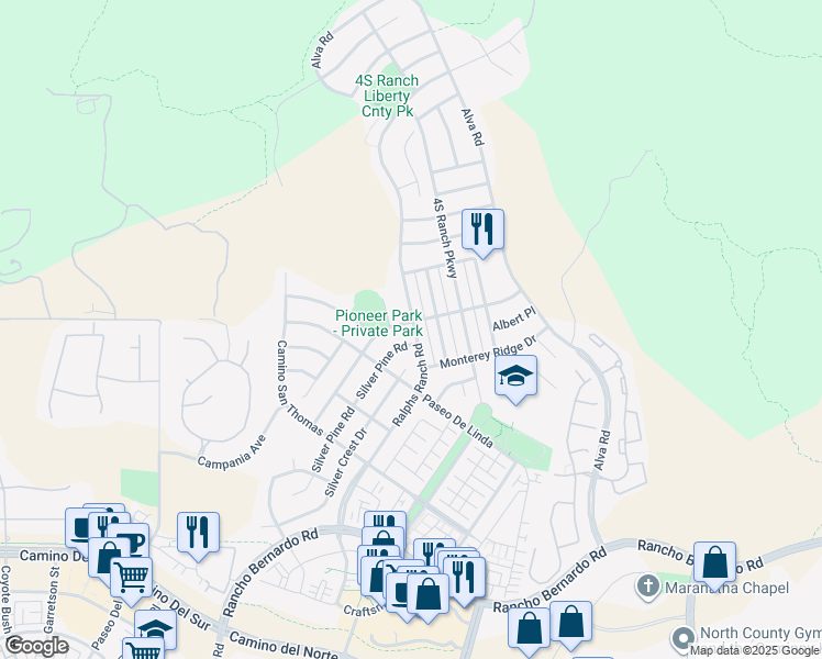 map of restaurants, bars, coffee shops, grocery stores, and more near 17155 Albert Avenue in San Diego