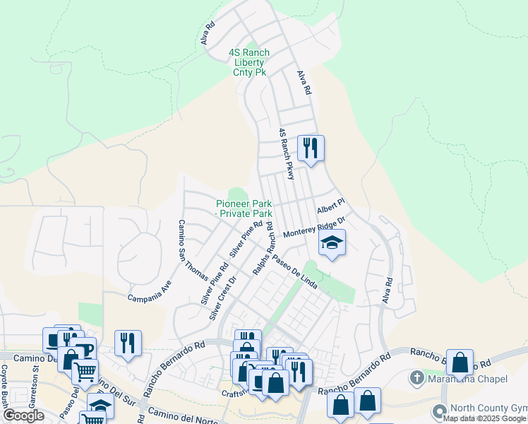 map of restaurants, bars, coffee shops, grocery stores, and more near 17155 Albert Avenue in San Diego