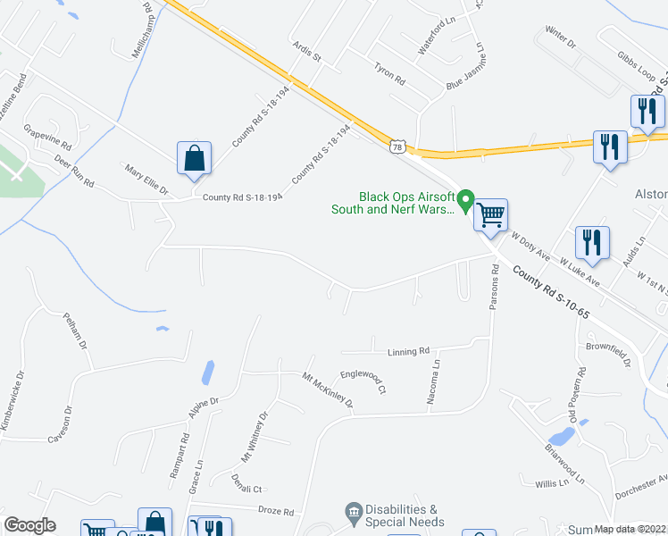 map of restaurants, bars, coffee shops, grocery stores, and more near 246 Pidgeon Bay Road in Summerville