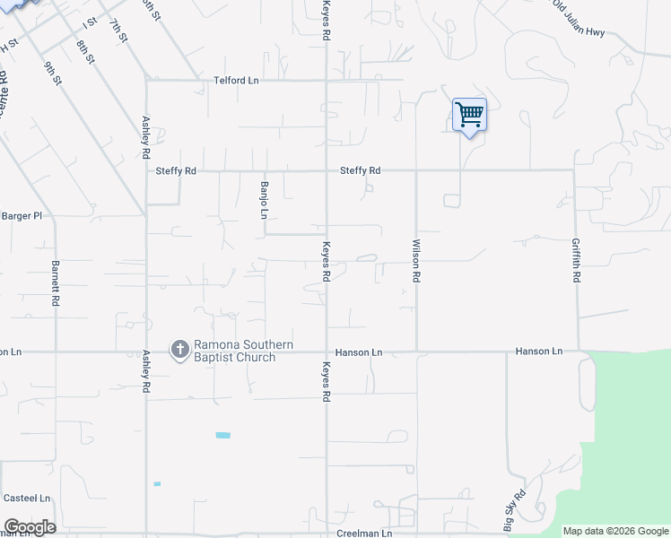 map of restaurants, bars, coffee shops, grocery stores, and more near 1550 Keyes Road in Ramona