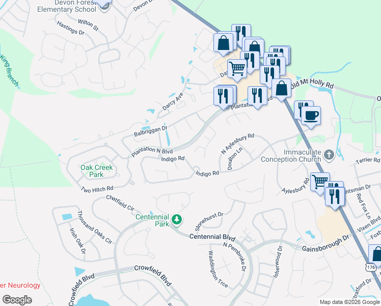 map of restaurants, bars, coffee shops, grocery stores, and more near 318 Indigo Road in Goose Creek