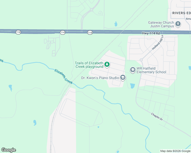 map of restaurants, bars, coffee shops, grocery stores, and more near Highway 114 in Justin