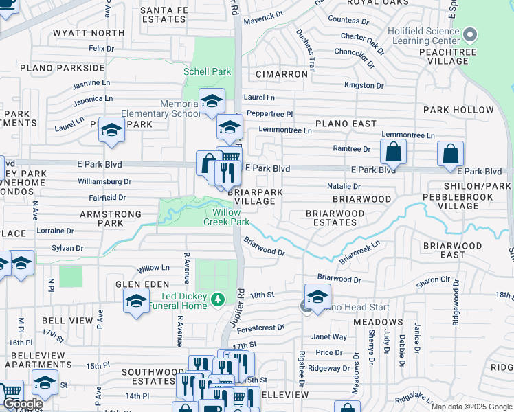 map of restaurants, bars, coffee shops, grocery stores, and more near 2400 Jupiter Road in Plano