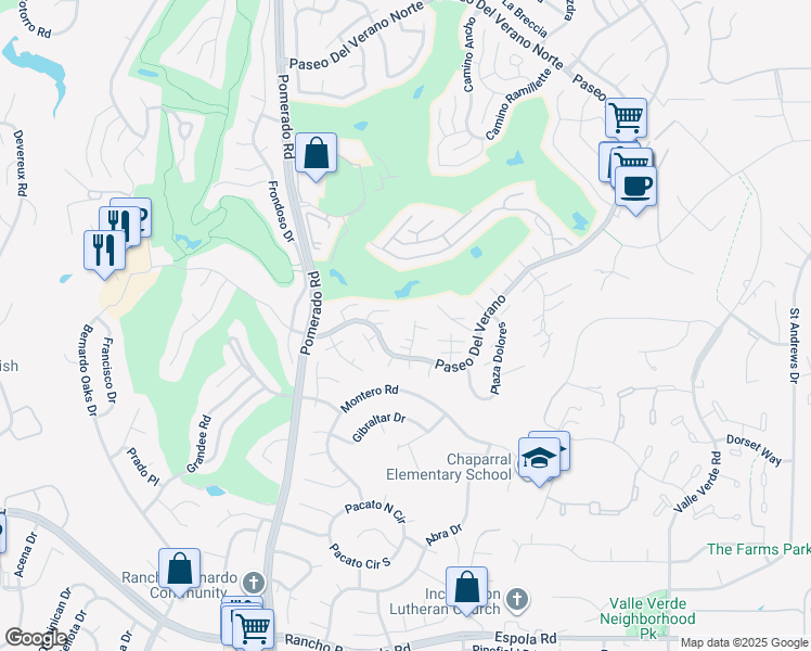 map of restaurants, bars, coffee shops, grocery stores, and more near 17452 Plaza Cerado in San Diego