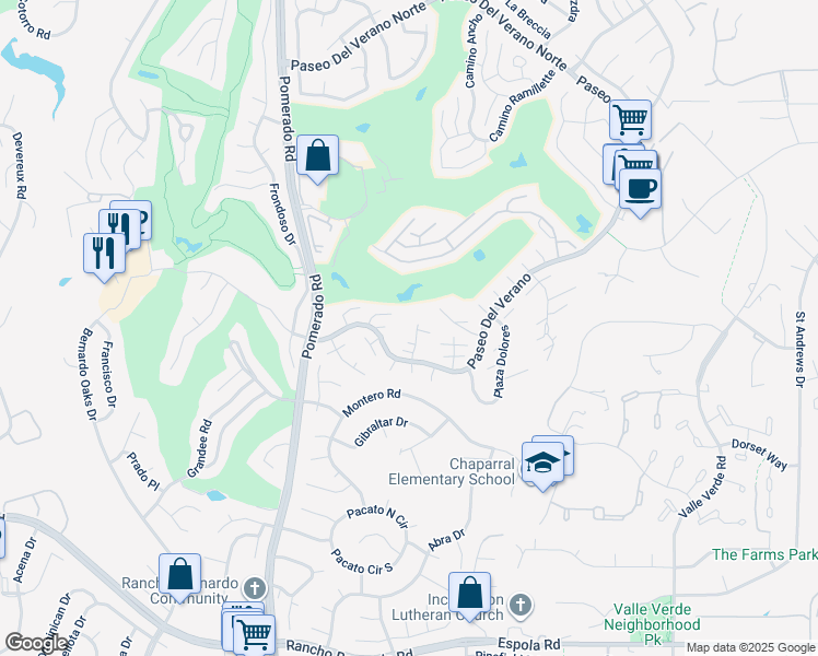 map of restaurants, bars, coffee shops, grocery stores, and more near 17452 Plaza Cerado in San Diego