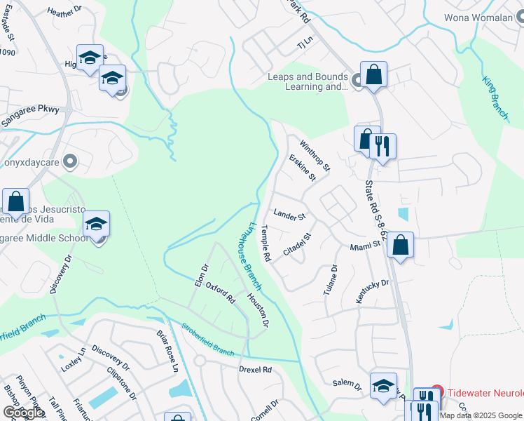 map of restaurants, bars, coffee shops, grocery stores, and more near 603 Temple Road in Ladson