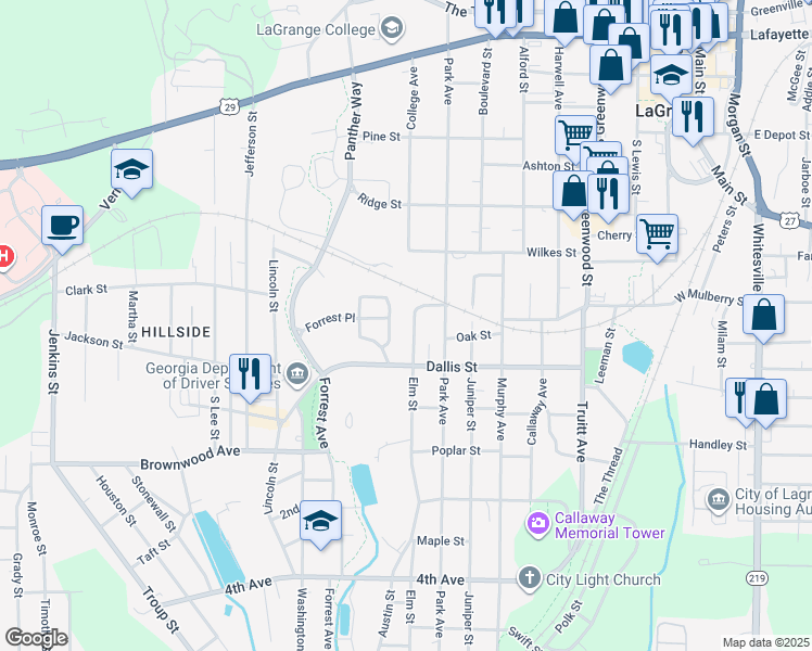 map of restaurants, bars, coffee shops, grocery stores, and more near 701 Elm Street in LaGrange