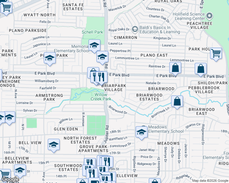 map of restaurants, bars, coffee shops, grocery stores, and more near 2400 Jupiter Road in Plano