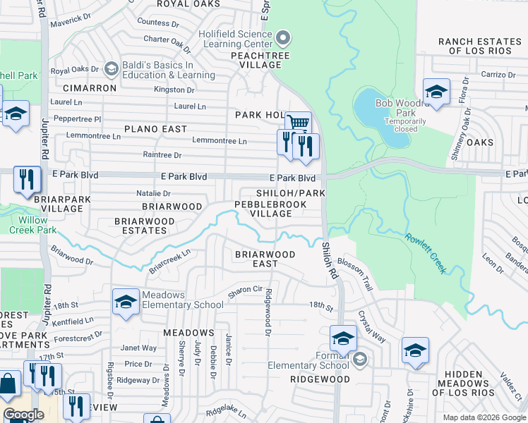 map of restaurants, bars, coffee shops, grocery stores, and more near 3308 Rockbrook Drive in Plano