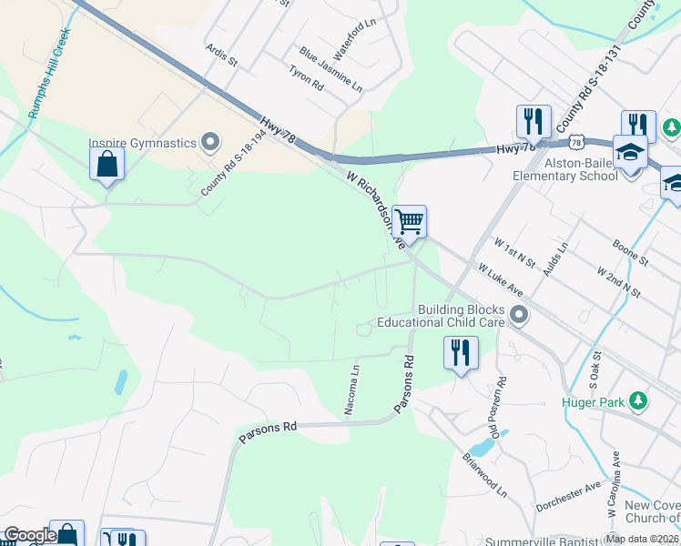 map of restaurants, bars, coffee shops, grocery stores, and more near 165 Pidgeon Bay Road in Summerville