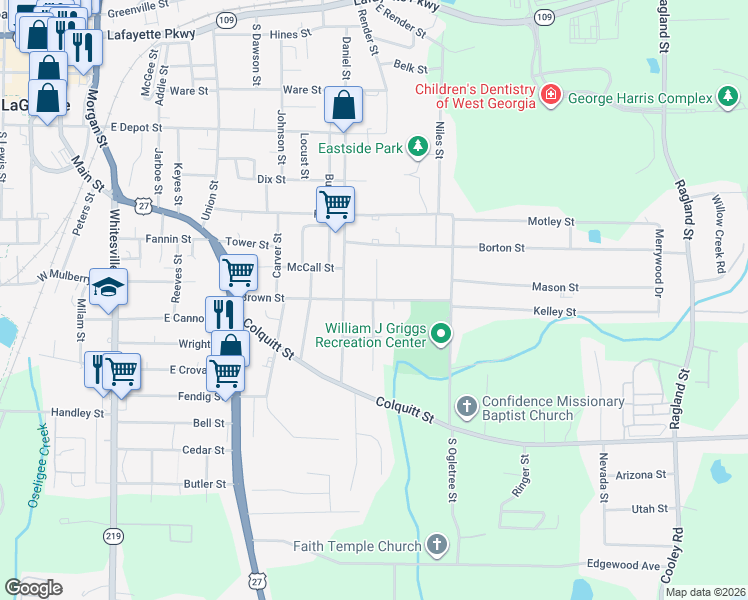 map of restaurants, bars, coffee shops, grocery stores, and more near 607 Smoot Street in LaGrange