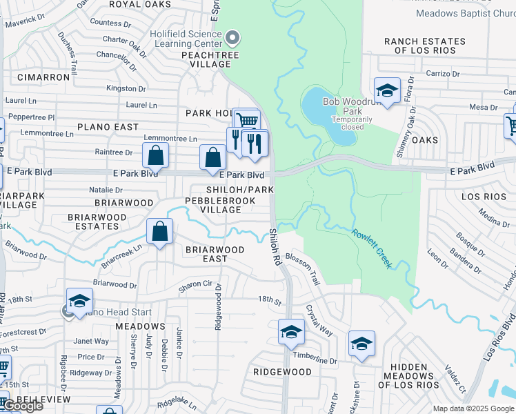 map of restaurants, bars, coffee shops, grocery stores, and more near 3501 Rockbrook Drive in Plano
